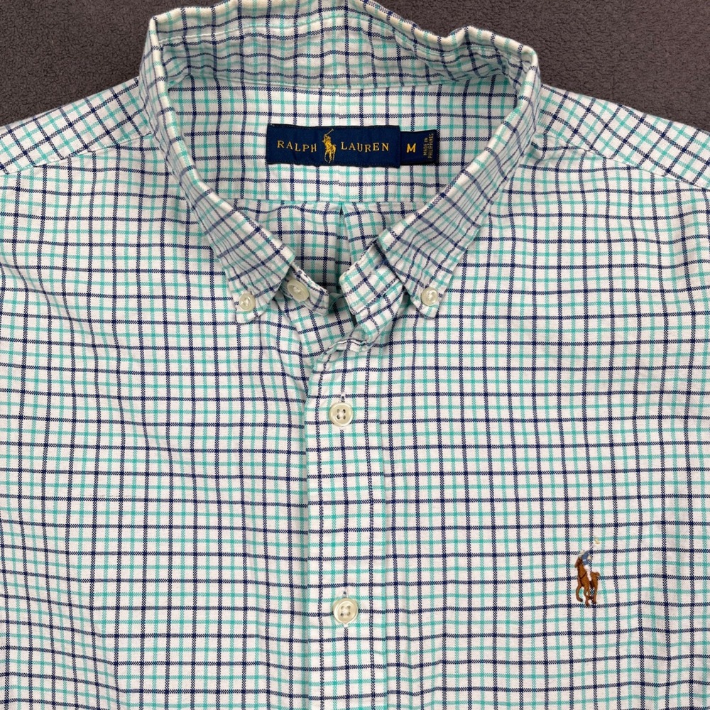 Ralph Lauren Oxford Shirt Mens Medium White Teal Plaid Cotton Long Sleeve Button